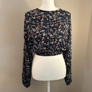 Floral Open Back Tie Crop Top Long Sleeve Blouse Black Tan White Size Medium